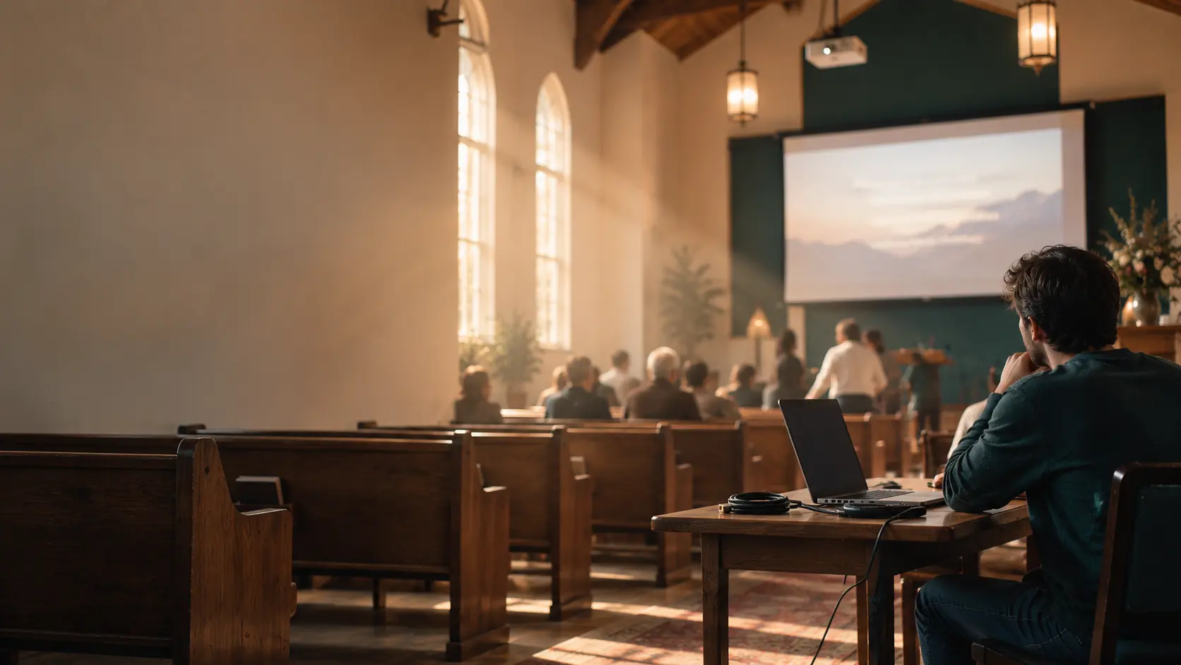 A volunteer at a laptop in the back of a sunlit church sanctuary, facing a projection screen at the front.